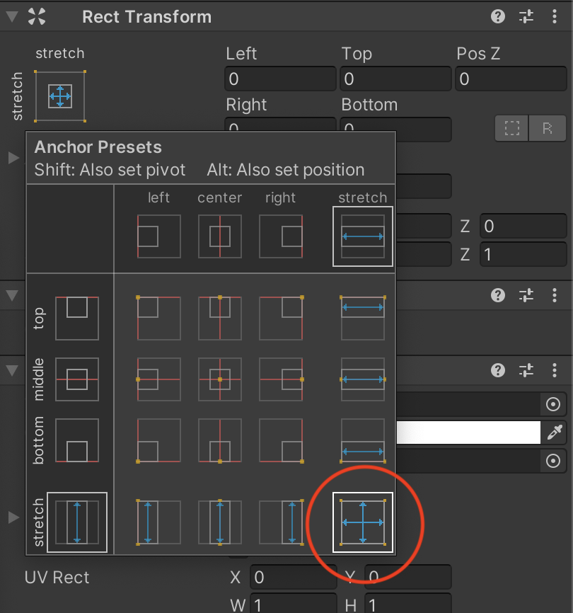 An image of the Unity UI highlighting the Stretch option in the Anchor Presets menu