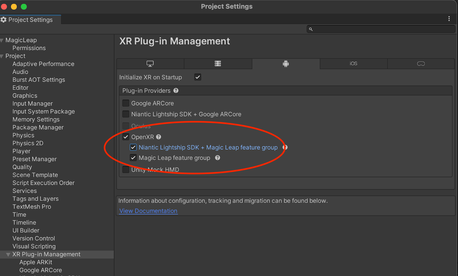 Selecting the ML2 Feature Groups in the OpenXR menu