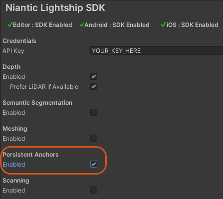 Unity menu with 'Enable Persistent Anchors' checked