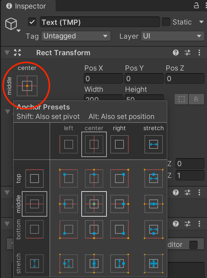An image of the Unity UI highlighting the Center Transform button
