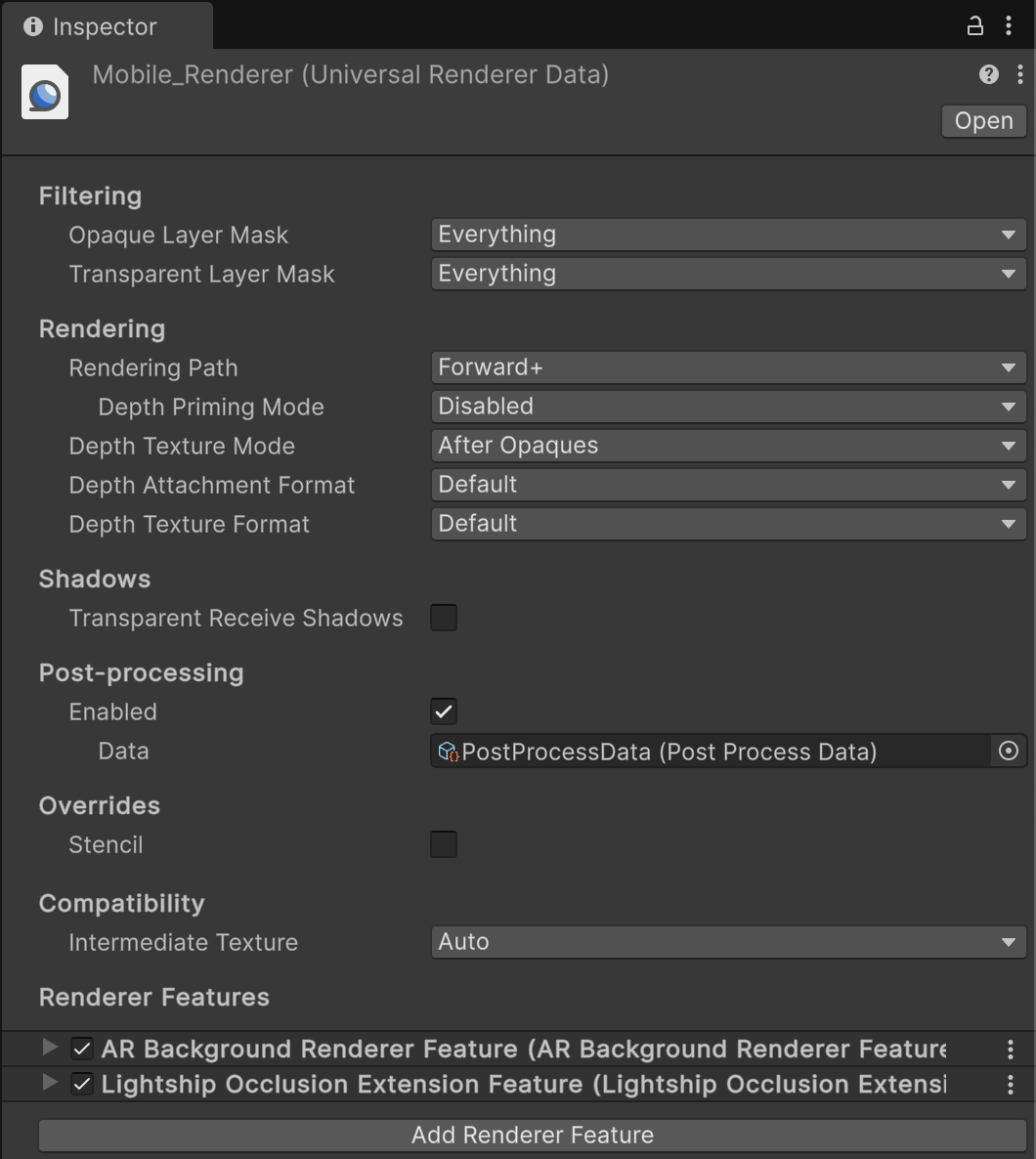 URP must add the AR Background Renderer Feature to Universal Renderer Data