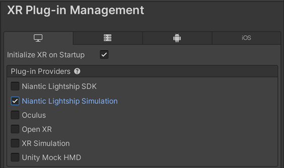 Selecting Niantic Lightship Simulation in XR Plugin Management