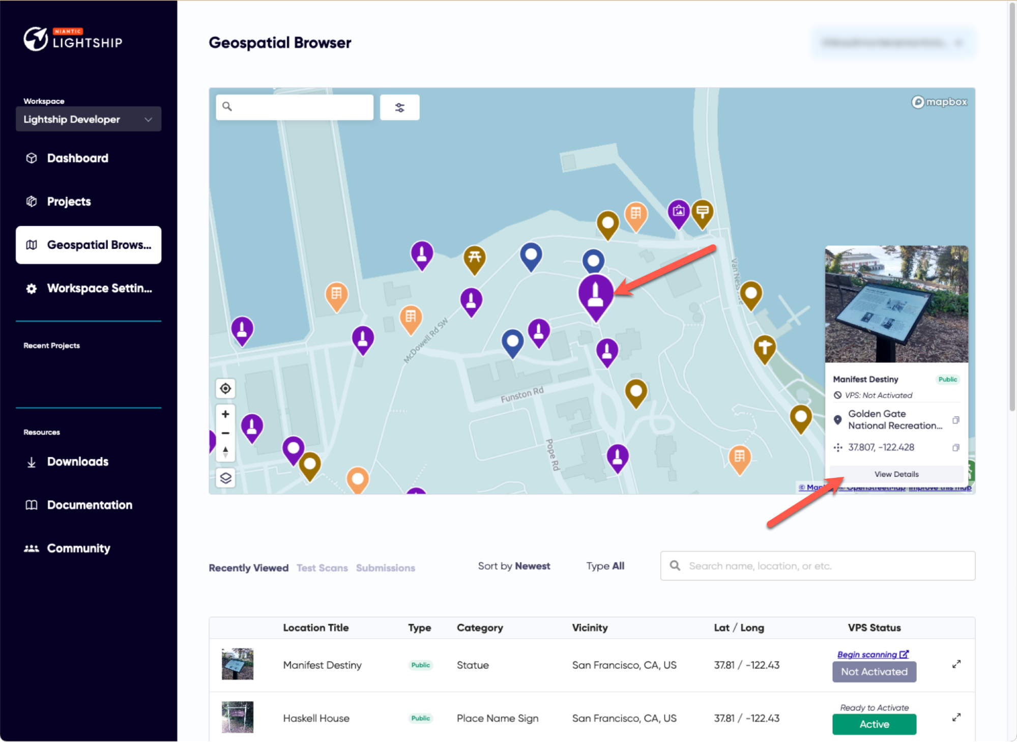 Viewing location details in the Geospatial Browser