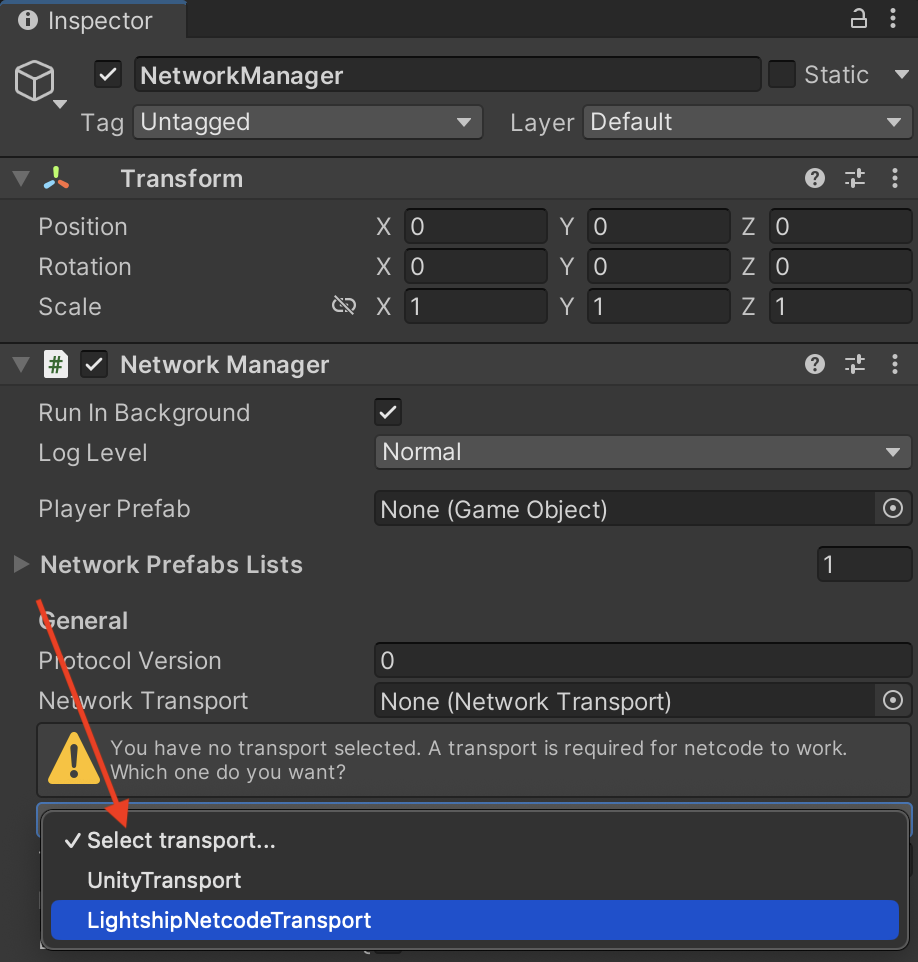 Adding the Lightship Netcode Transport