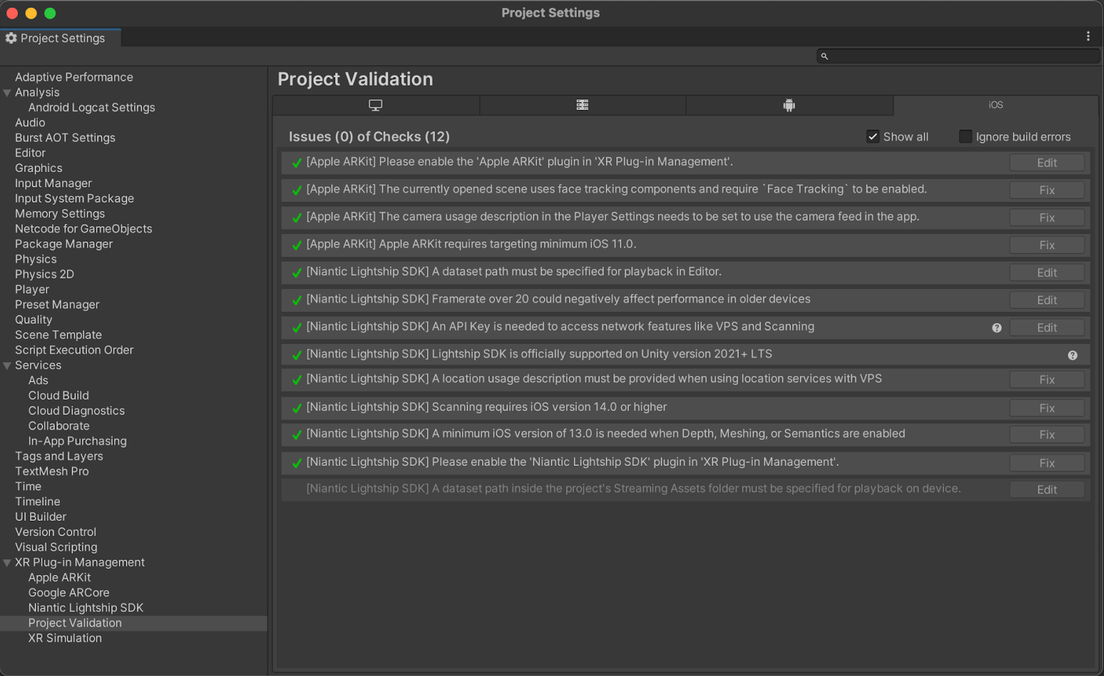 Project Validationオプションのリストと、それらを自動的に修正するためのボタン。