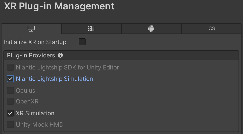 Selecting Niantic Lightship Simulation in XR Plugin Management